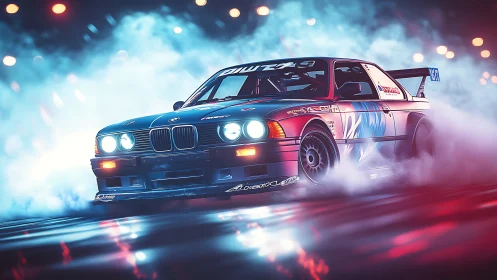 Turbo drift car cuts neon fog on wet night circuit.