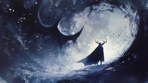 Antlered shadow figure confronts swirling void gateway.