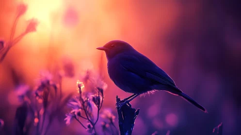 Backlit passerine silhouette in chromatic dusk bokeh field.