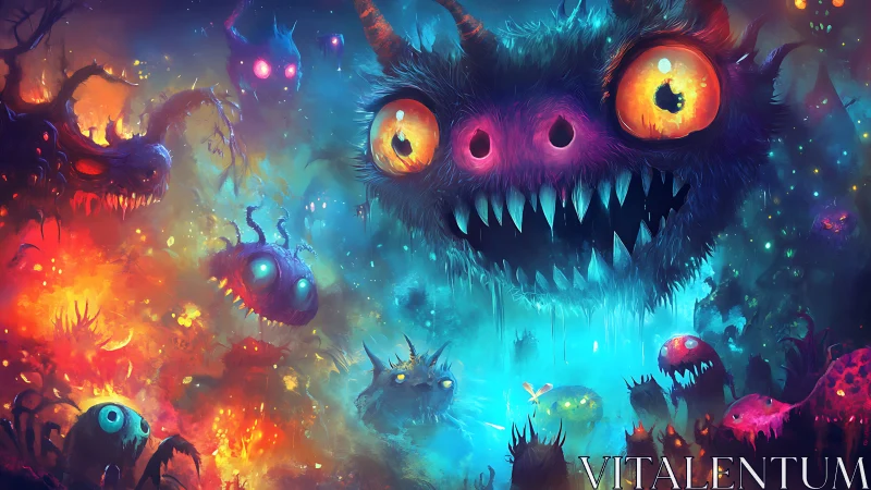 Neon monsters swarm a surreal glowing underworld realm