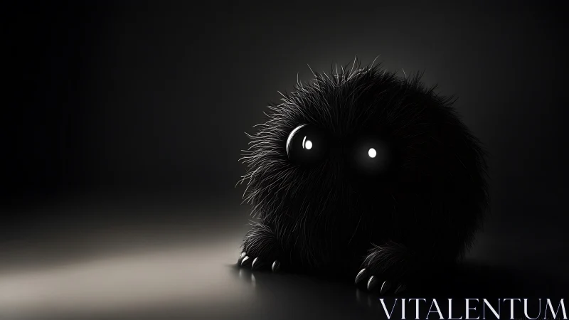 Shy midnight fluff creature blinking under soft spotlight.