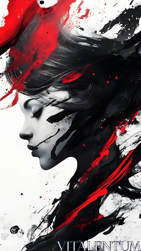 Monochrome female profile intersected by dynamic red-black paint vectors