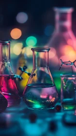Photorealistic neon lab glassware in shallow depth-of-field study.