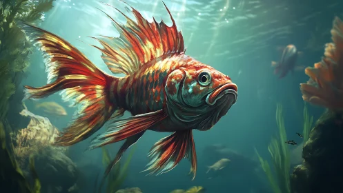 Digital painting of luminous red reef fish in kelp forest.