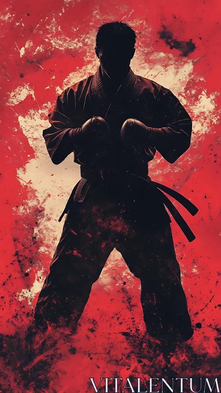 Silhouette martial artist in fighting stance over red storm.