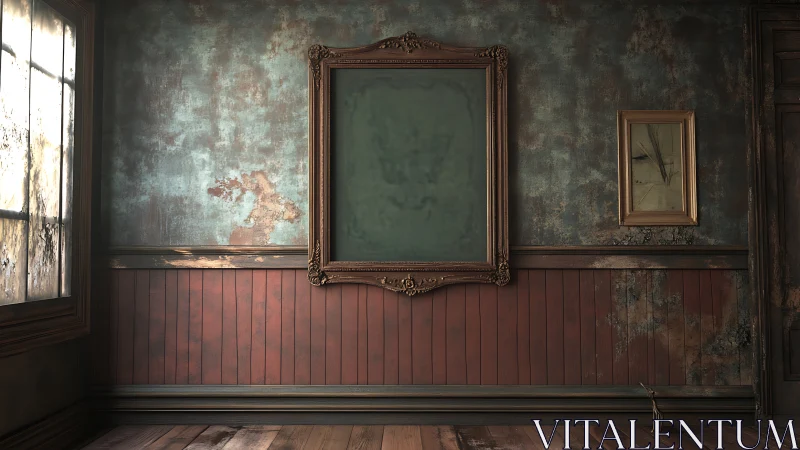 Empty ornate frames hang on a worn, decaying interior wall
