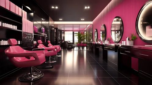 Bold pink salon interior with sleek mirrors and gloss finishes.