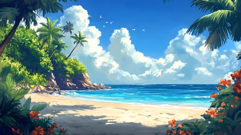 Tropical Cove with White Clouds and Sandy Beach.
