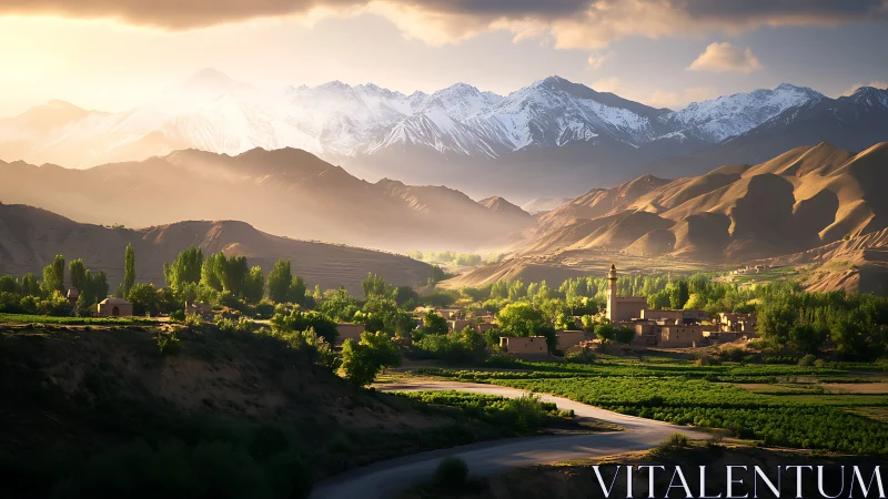 Sunlit mountain village breathes quietly beneath icy crowns