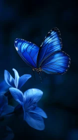 Blue butterfly resting on flower in dark blue tones.