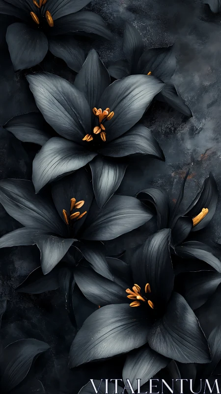 Dark Lilies with Golden Stamens on Black Textured Background