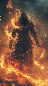 Fire-cloaked wanderer strides through swirling embers calmly