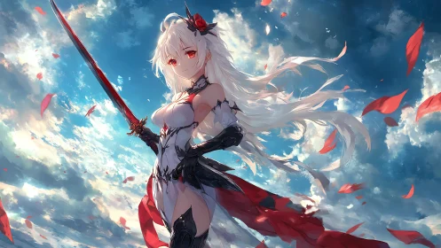 Skybound crimson swordswoman amid drifting petals.