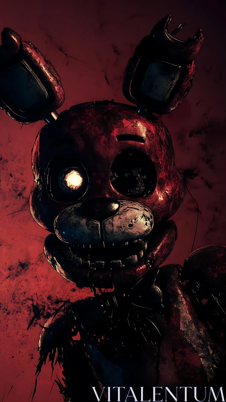 Broken-eyed night rabbit smiles through rusted darkness