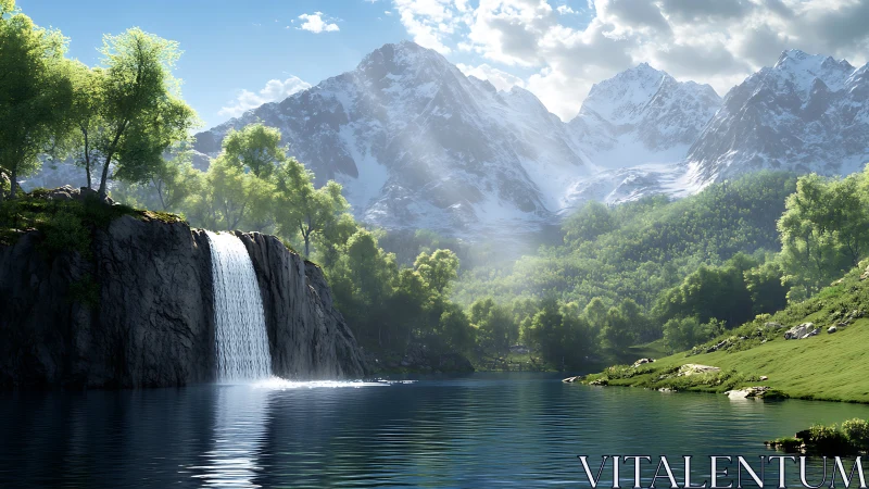 Mountain waterfall and forested lake under daylight sky.