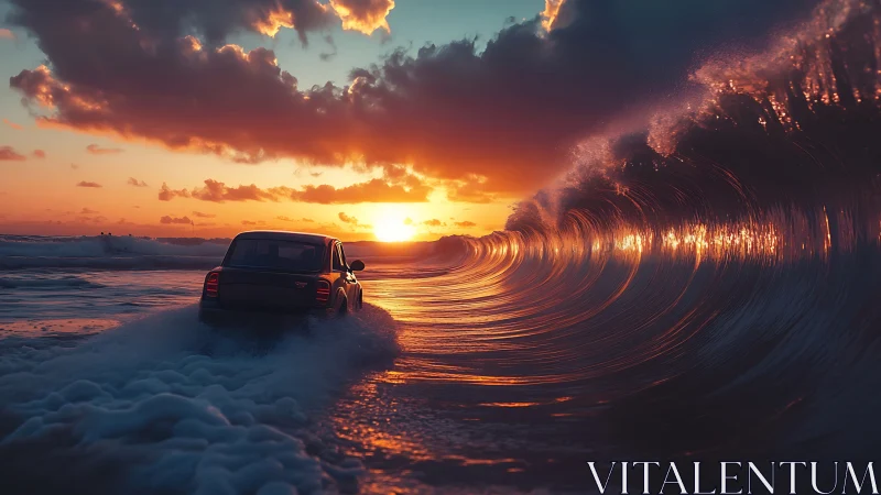 Car drives through glowing sunset wave tunnel seascape
