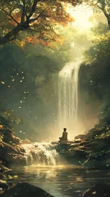 Meditating figure finds calm beneath a sunlit forest waterfall