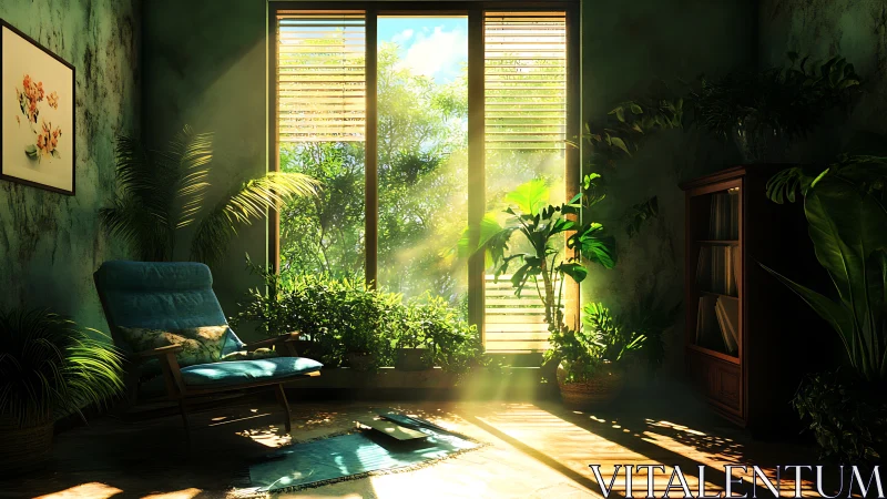 Sunlit reading corner wrapped in lush, serene houseplants.