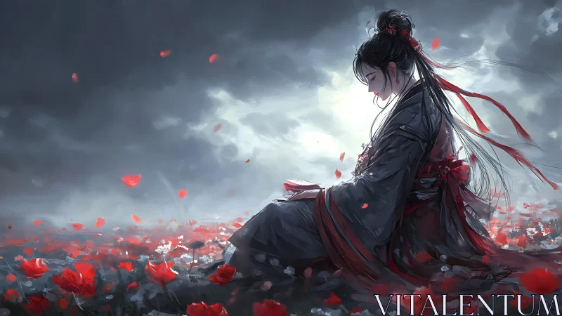 Woman in traditional robe seated in red flower field at dusk.