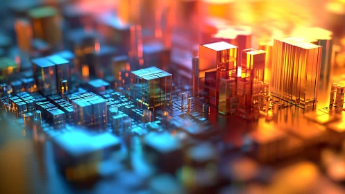 Glowing circuit cityscape merges technology with neon light