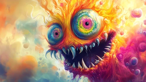 Flaming cosmic monster grins wide in chaotic neon storm
