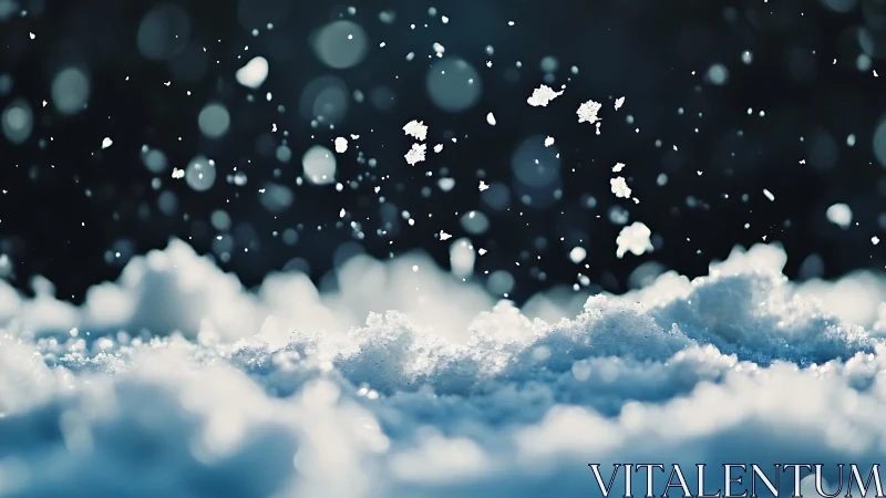 Falling snowflakes over soft snow surface in close focus.