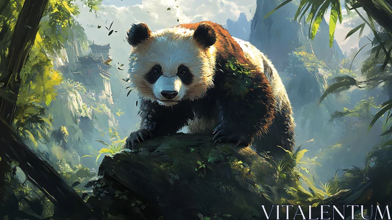 Gentle panda explorer wandering through misty bamboo cliffs.