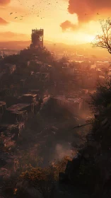 Golden sunset gently washes a quiet post apocalyptic city