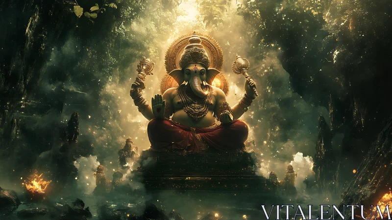 Fantasy-lit Ganesha deity in atmospheric cavern throne composition.