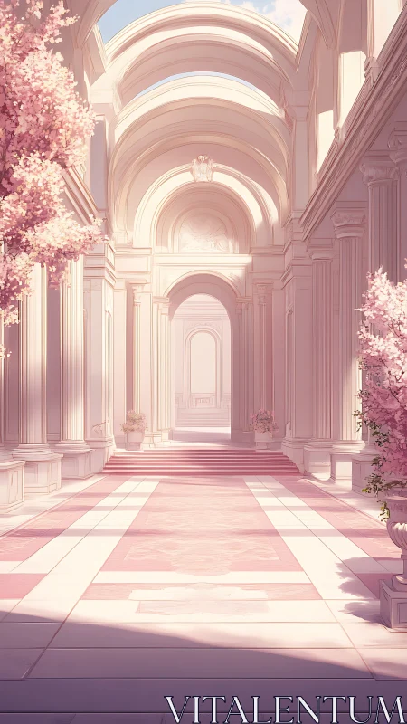 Sunlit neoclassical hall with blush cherry blossoms.