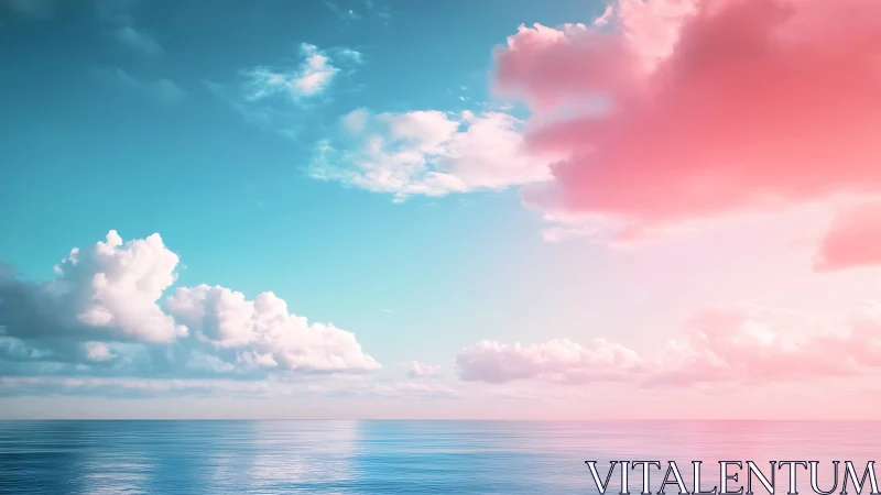 Calm ocean horizon under blue sky and soft pink clouds.