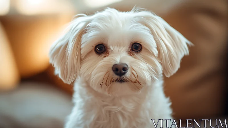 Small white dog portrait in soft indoor lighting environment.