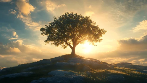 Sunlit hilltop tree crowned by a blazing golden horizon.