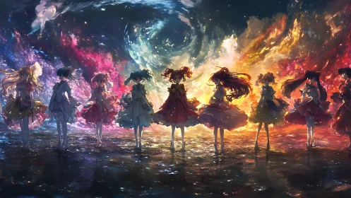 Celestial girls stand united before swirling elemental skies
