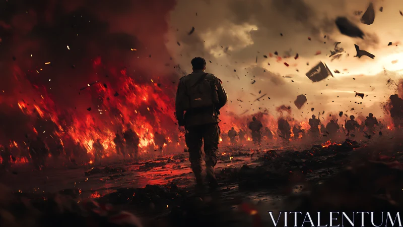 Lone soldier strides toward a blazing battlefield horizon