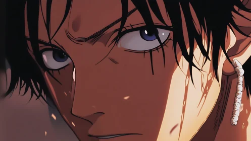 Intense anime close up captures a determined, shadowed gaze