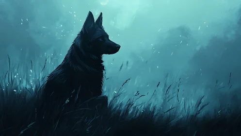 Nocturnal canine silhouette in teal atmospheric backlight.