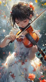 Girl in floral dress playing violin amid falling petals.