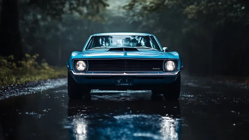 Blue classic muscle car stands on wet forest road at dusk
