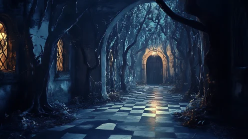 Enchanted Gothic corridor with twisted trees and lamplit door.