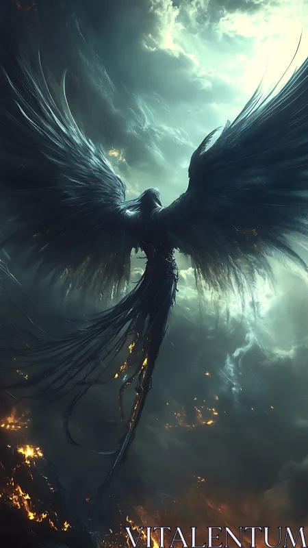 Dark winged guardian rising over stormlit fiery horizon.
