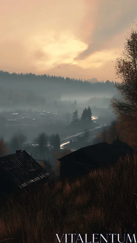 Soft dawn mist settles gently over a quiet rural valley