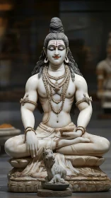 Marble deity sculpture in meditative lotus with ornate beading.