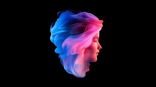 Profile silhouette in flowing neon gradient light forms.