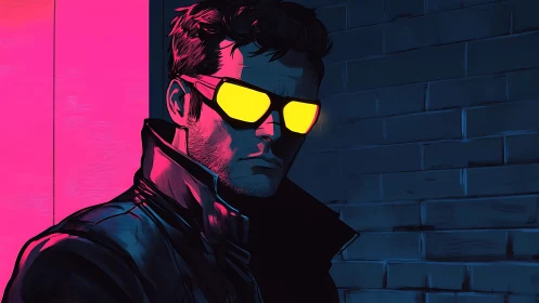 Cool night wanderer in neon city glow and bold shades.