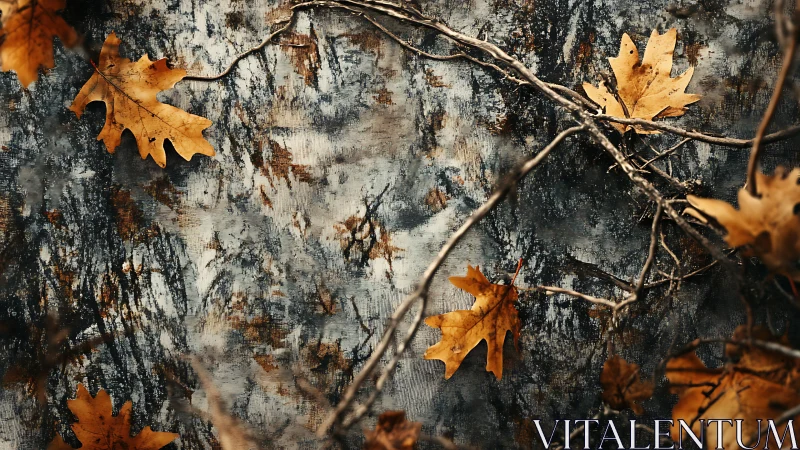 Golden oak leaves rest on a weathered stone backdrop