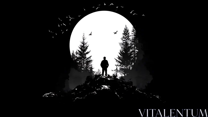 Lone wanderer crowns a moonlit ridge of whispering pines.