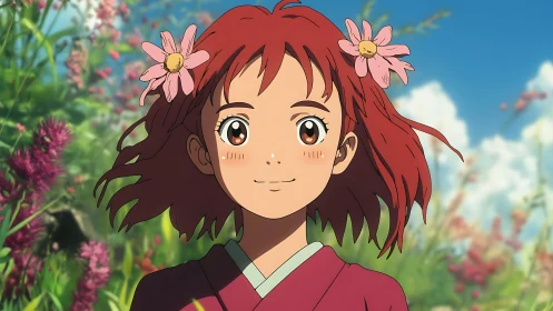 Red haired anime girl with flowers in hair outdoors scene.