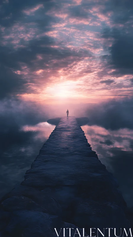 Solitary figure advances along stone pier into radiant horizon