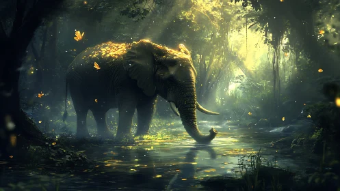 Elephant standing in forest stream with glowing butterflies.